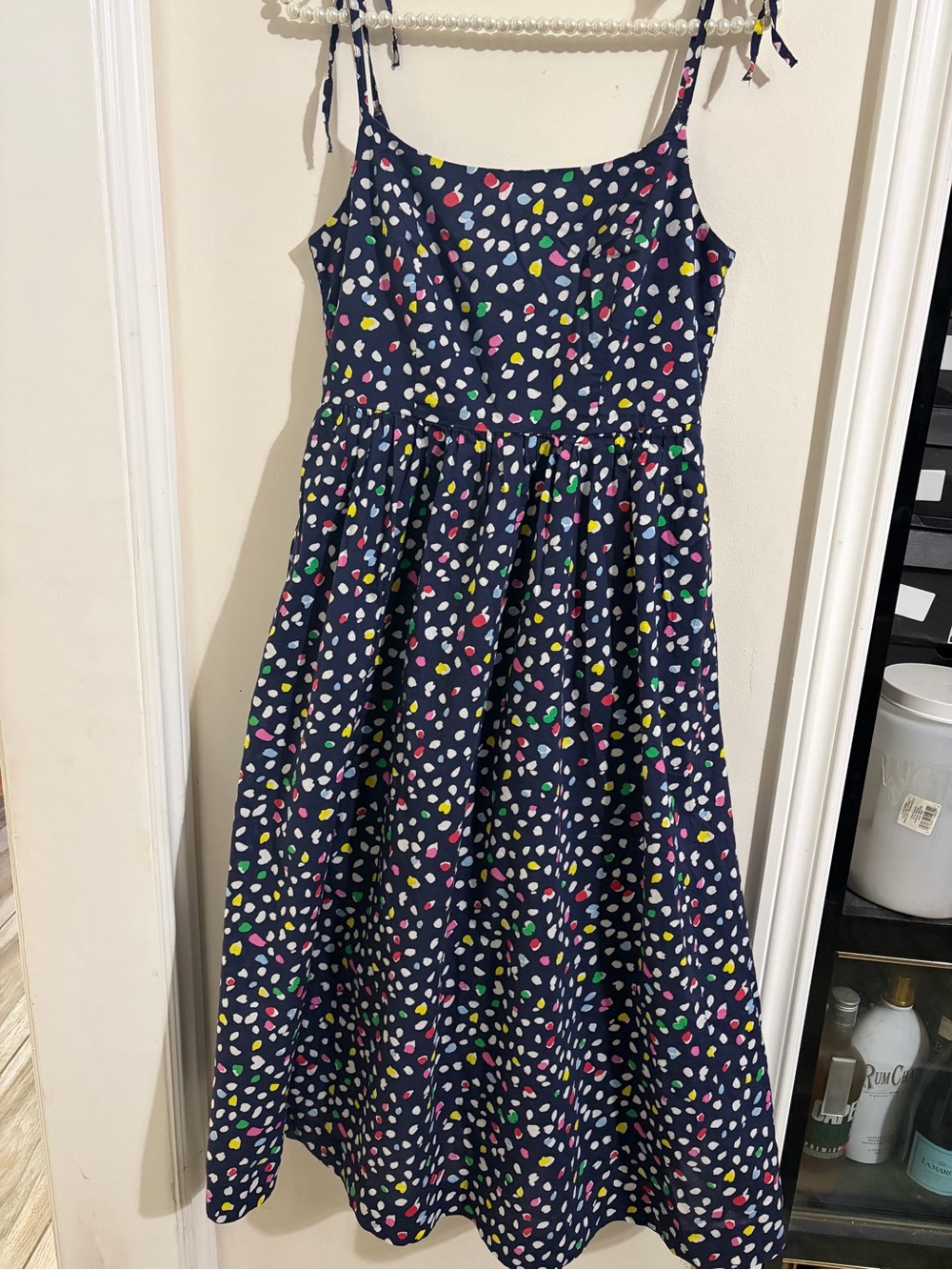 Women Navy Multi-Color Dot Sundress with Tie Straps